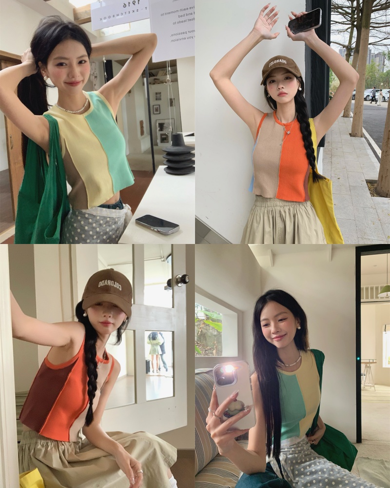 Actual shot of early spring style contrasting color short patchwork knitted vest vest top