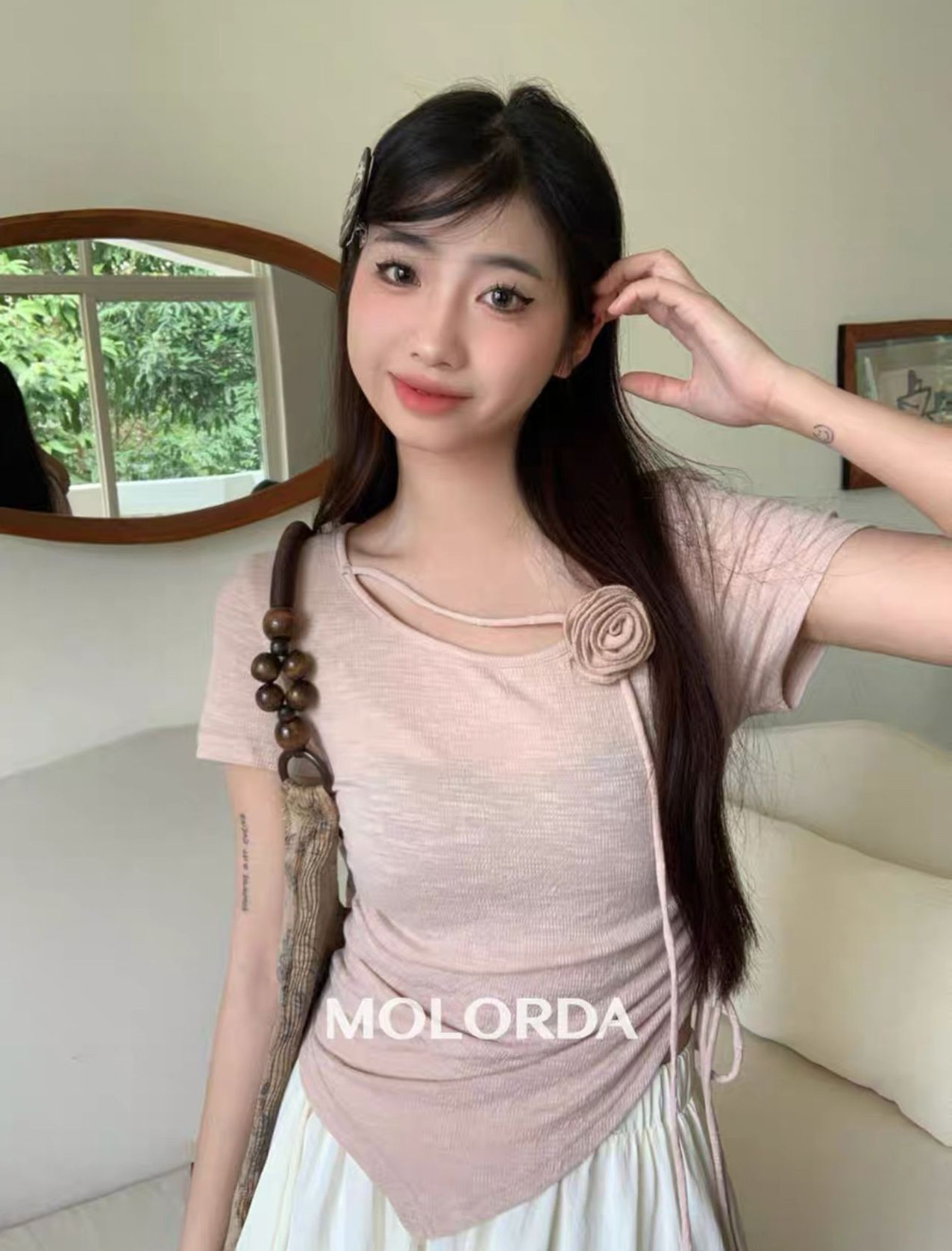 國風少女法式立體計感收褶玫瑰花小衫女夏季抽繩收腰針織設上衣