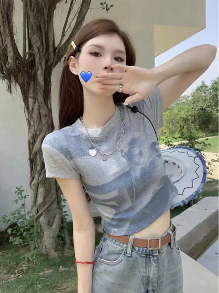 260隨心裁 美式復古新款辣妹扎染短款夏季修身上衣