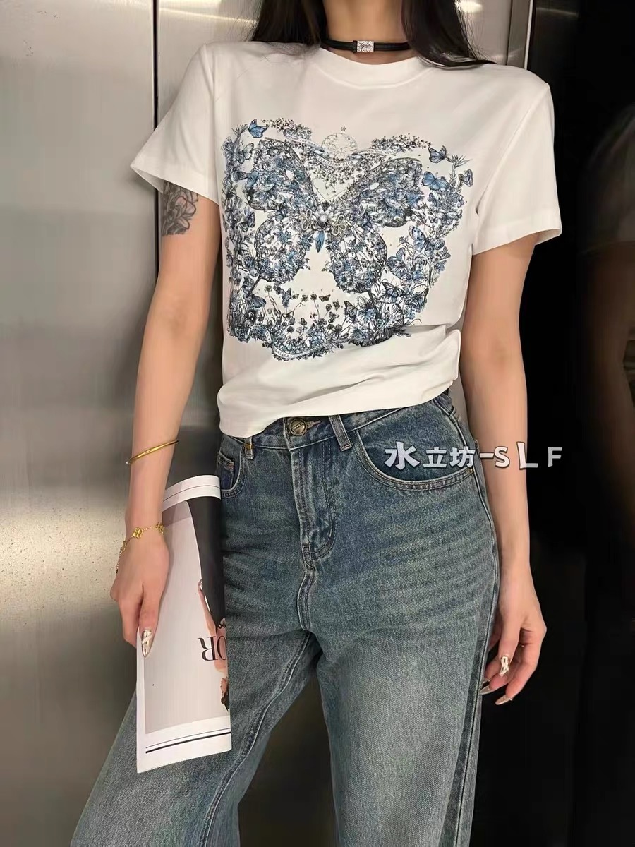 2024夏季新款短款時尚蝴蝶圖案百搭洋氣顯瘦短袖t恤女潮