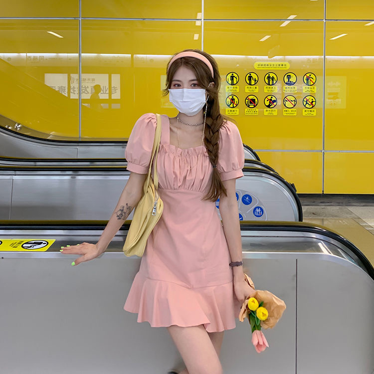 2024新款甜辣妹泡泡袖連衣裙女夏季法式初戀小個子氣質短裙子