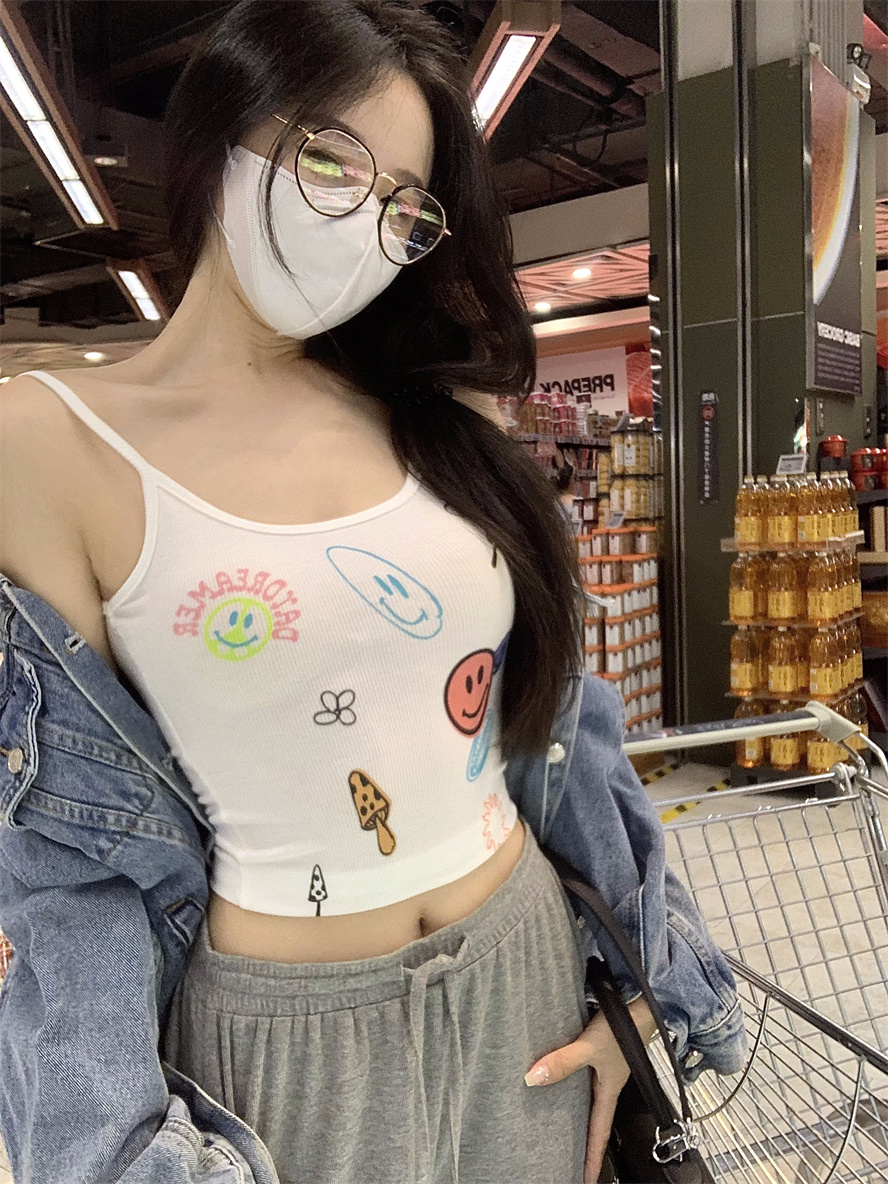 實拍 又辣又清爽的印花吊帶背心好穿彈力大巨顯身材辣妹短上衣