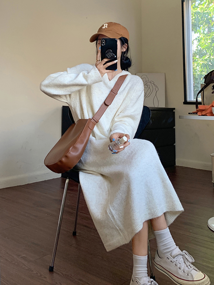 autumnjun autumn hooded knitted dress for women autumn and winter long Korean style loose sweatshirt with sweater skirt