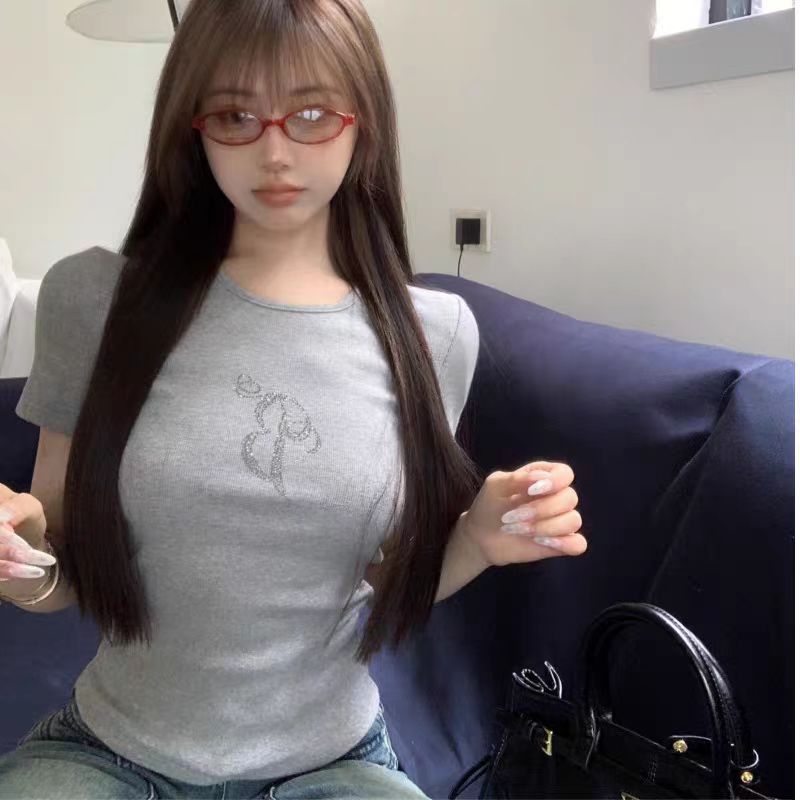 韓系簡約學院風燙鑽設計感小眾夏季短袖顯瘦百搭夏季新款上衣