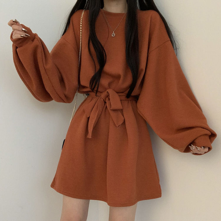 2024早春新款韓國鬼馬少女寬鬆顯瘦燈籠袖長袖連衣裙女潮小個子
