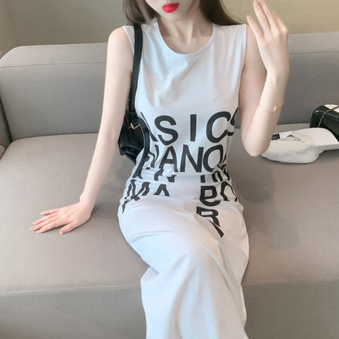 夏季網紅新款無袖字母開叉長款法式連衣裙女寬鬆慵懶風過膝長裙潮