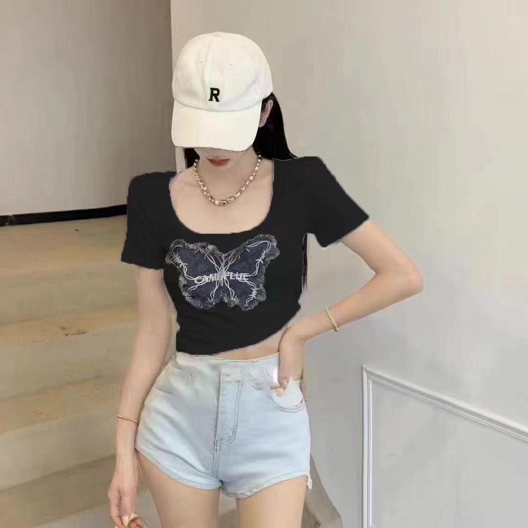 復古蝴蝶結短袖T恤女2024夏季新款短款圓領套頭辣妹美式上衣體恤