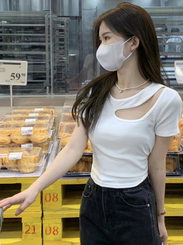 新款夏季純欲風設計感鏤空修身不規則短款打底衫短袖T恤女