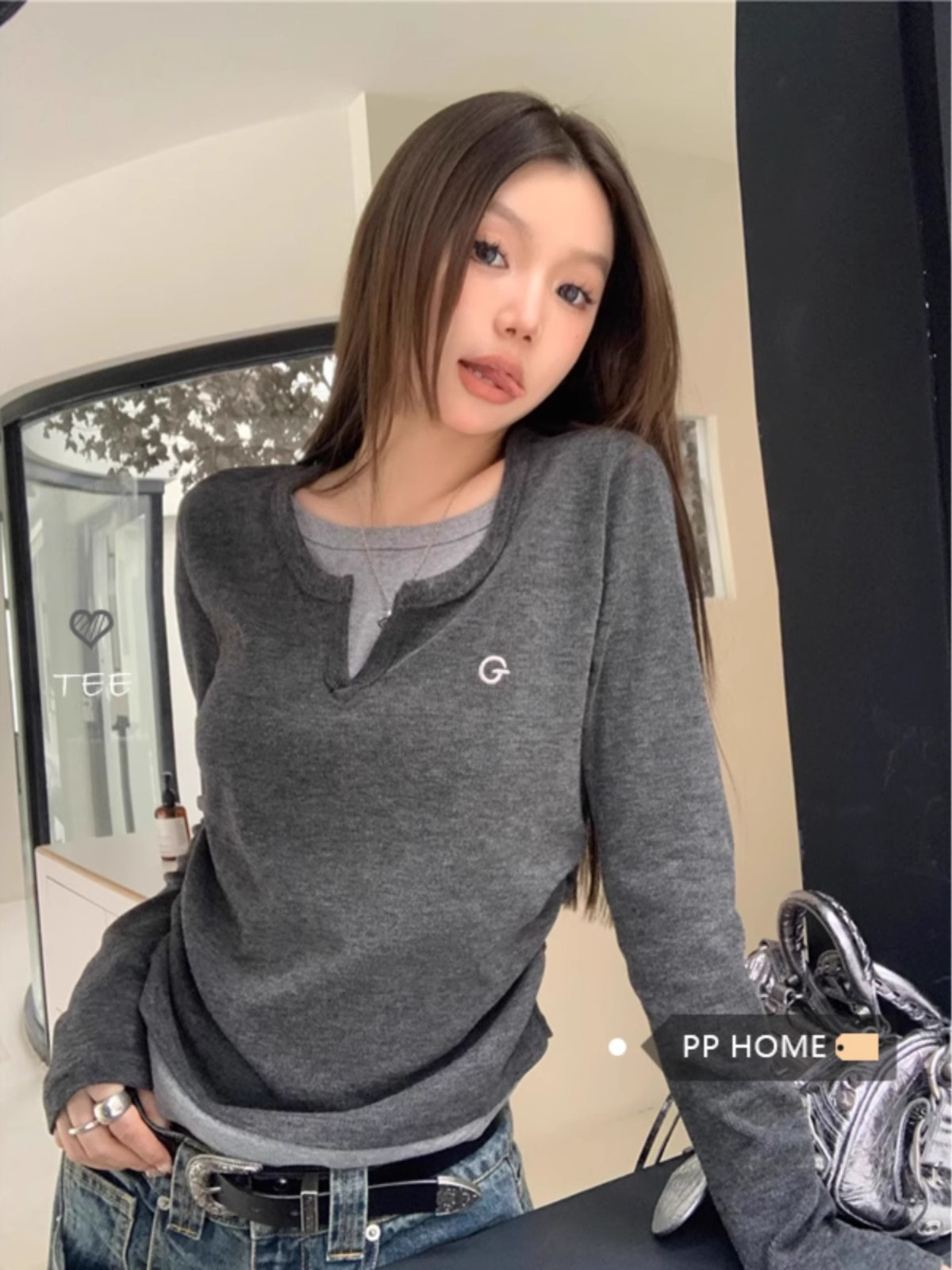甜欲學姐~假兩件設計百搭長袖T恤秋冬內搭修身顯瘦打底上衣