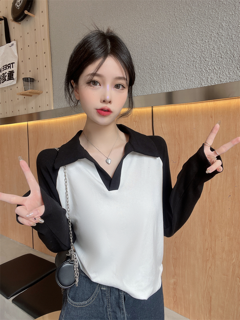 冰絲螺紋 棉 撞色v領打底衫純欲辣妹小眾設計感上衣