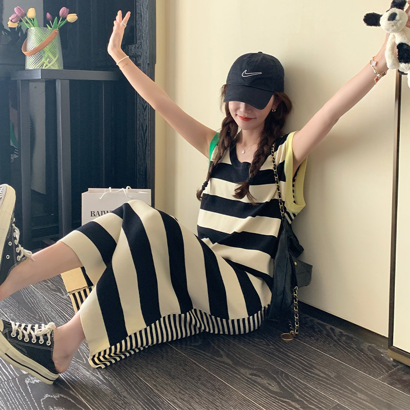 韓系慵懶風黑白條紋背心裙女長裙2024夏季新款寬鬆休閒無袖連衣裙