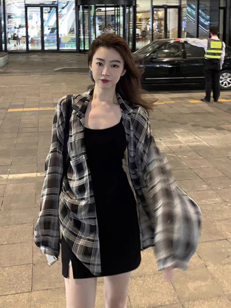 2024夏季新款女裝小個子薄款防曬上衣黑色格子防曬襯衫上衣
