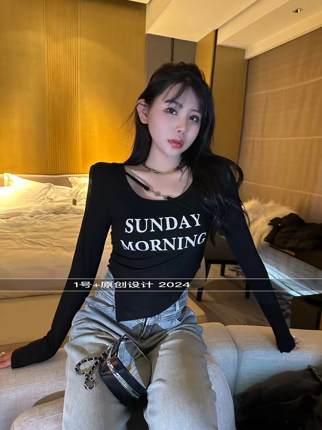 春秋獨特别致辣妹短款顯瘦不規則正肩上衣設計感打底衫女長袖t恤
