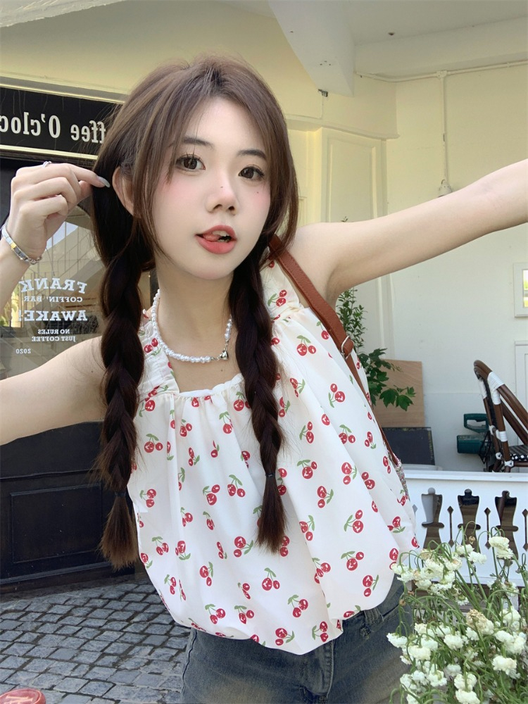 夏季甜美小清新方領碎花吊帶背心顯瘦外穿寬鬆蓬蓬法式短款上衣女