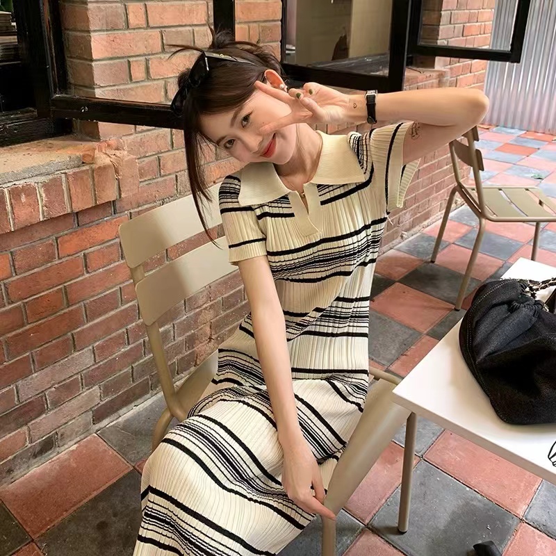 小眾polo領條紋裙法式復古寬鬆顯瘦過膝長裙豎坑條連衣裙針織