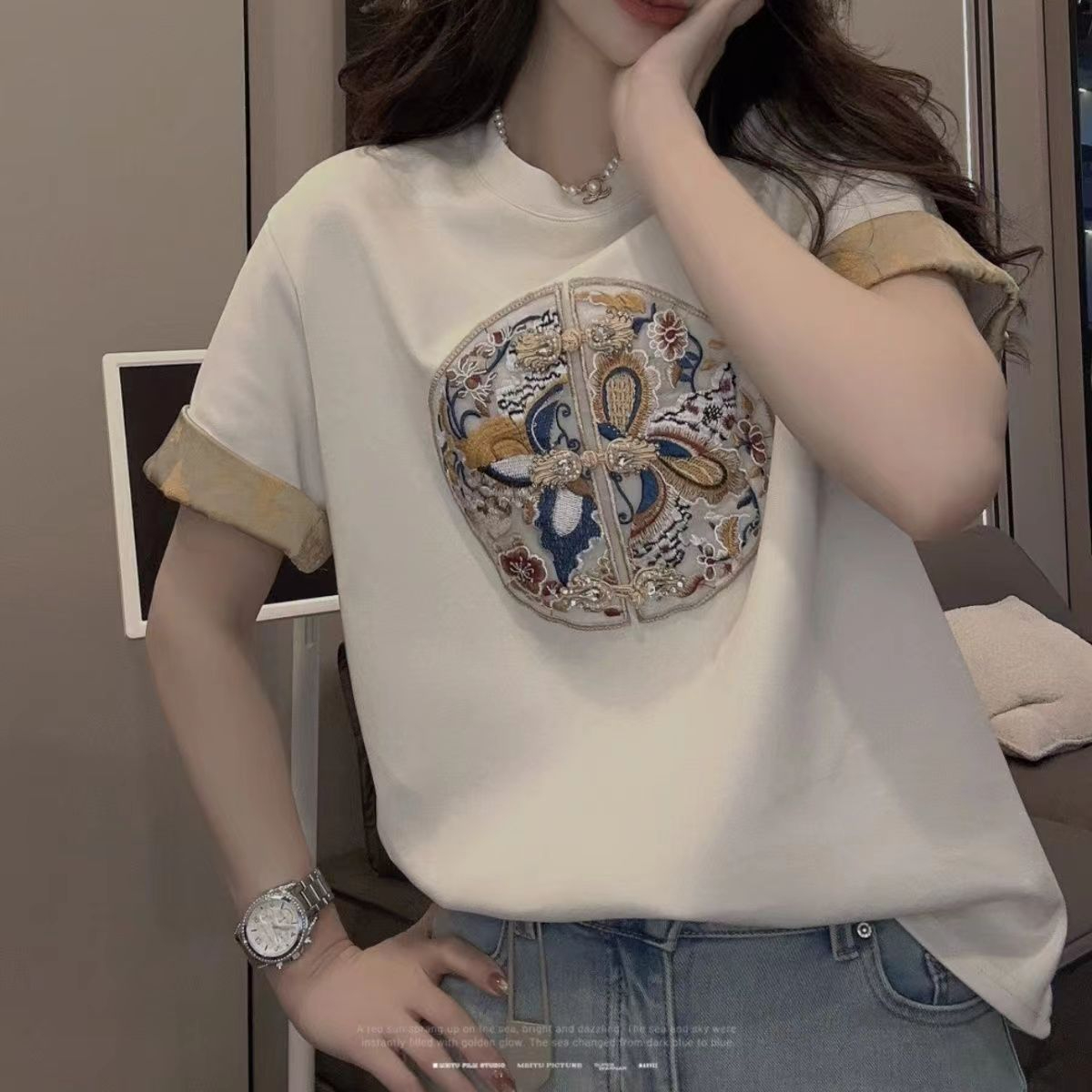 國風刺繡拼色短袖T恤女2024春季新款時尚復古打底衫寬鬆百搭上衣
