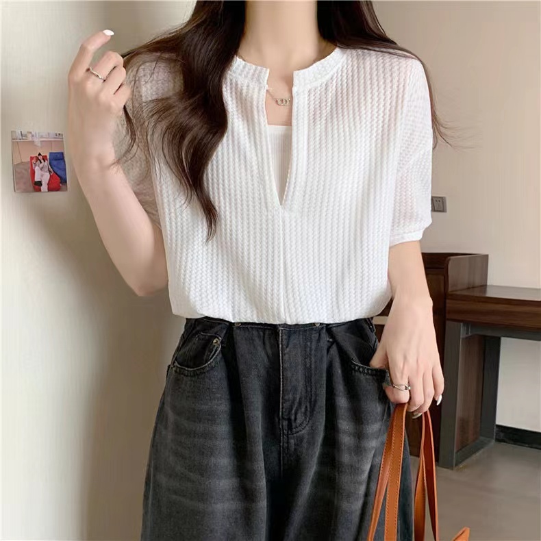 實拍假兩件華夫格上衣女2024夏季新款法式氣質設計感小眾短袖襯衣