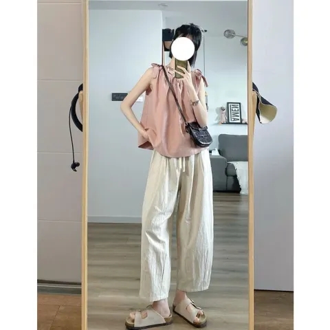 韓版小眾粉色吊帶背心女寬鬆亞麻襯衫甜美減齡短款無袖上衣