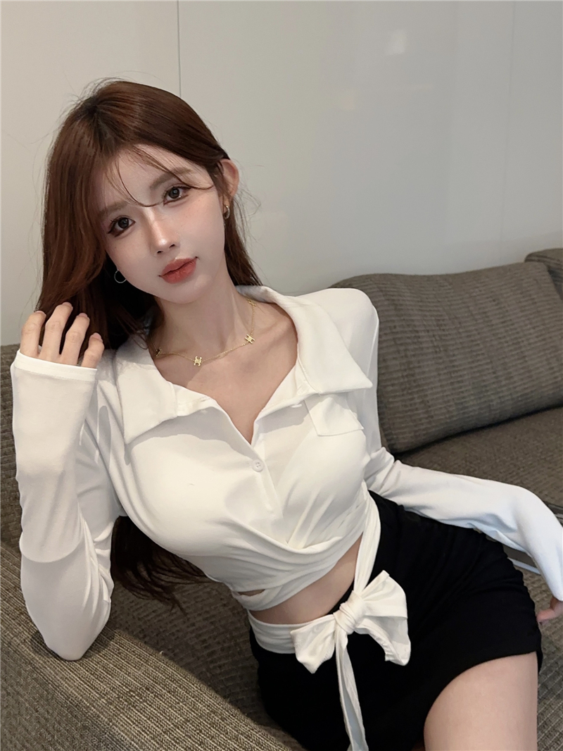 冰絲羅紋250克 ~白色襯衫女秋季小眾純欲辣妹短款上衣打底衫