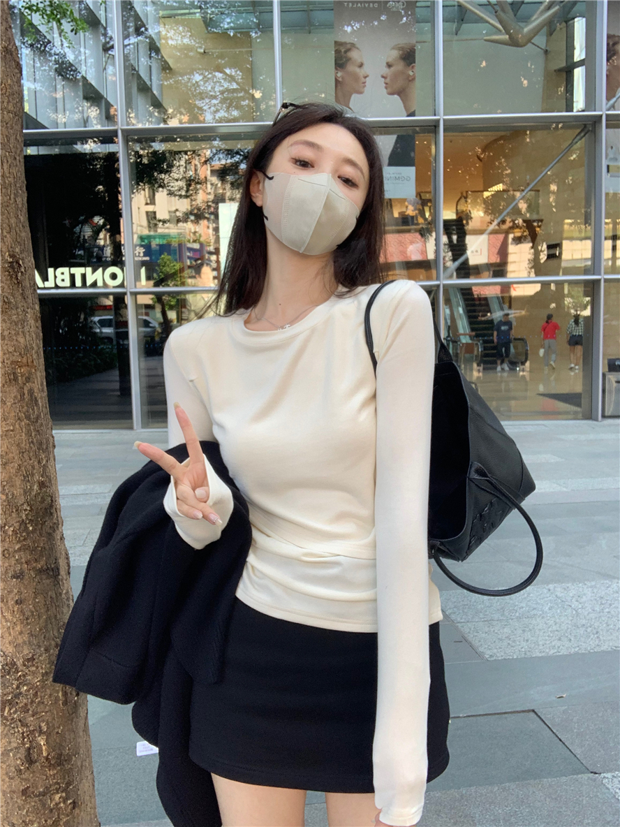 實拍  雙層褶皺上衣女秋設計感內搭長袖T恤打底衫