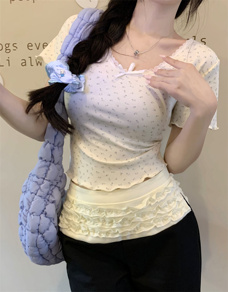 實拍 純欲甜美碎花蕾絲顯瘦打底女夏季內搭短袖T恤上衣