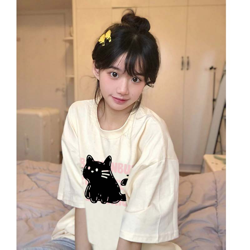 200克精梳純棉新款T恤女寬鬆大碼設計潮牌版印花上衣