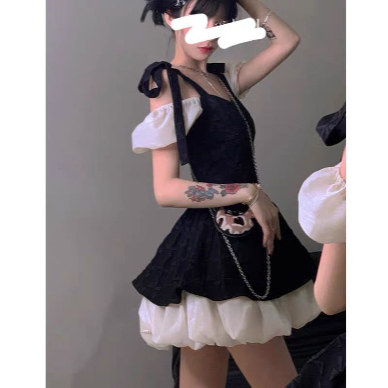 法式蝴蝶結連衣裙夏季高級設計感拼接顯瘦小個子黑色高腰顯瘦短裙