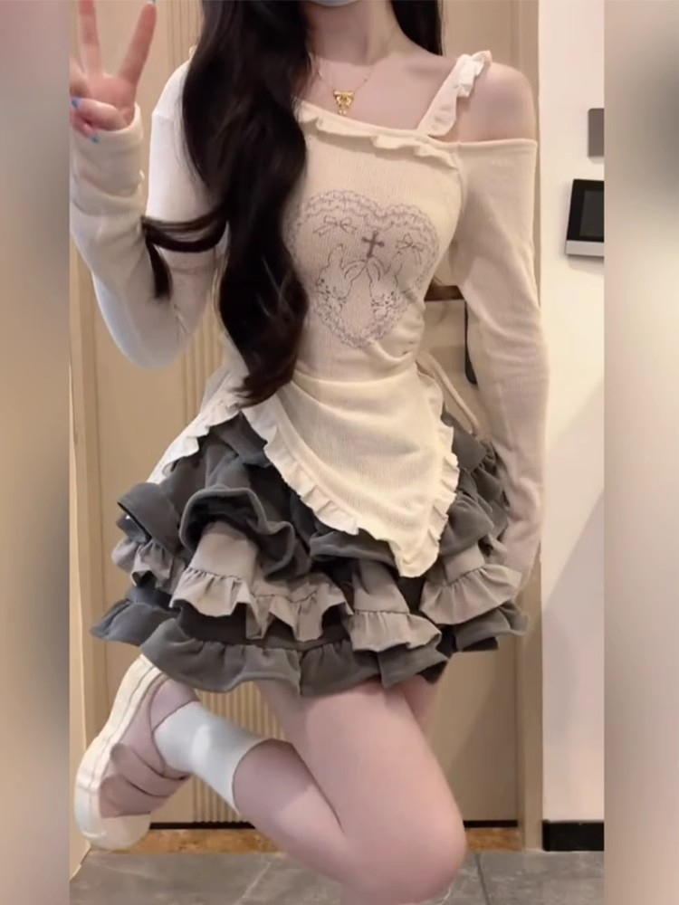 甜酷辣妹風小個子印花T恤女春季緊身修身不規則下擺長袖露肩上衣