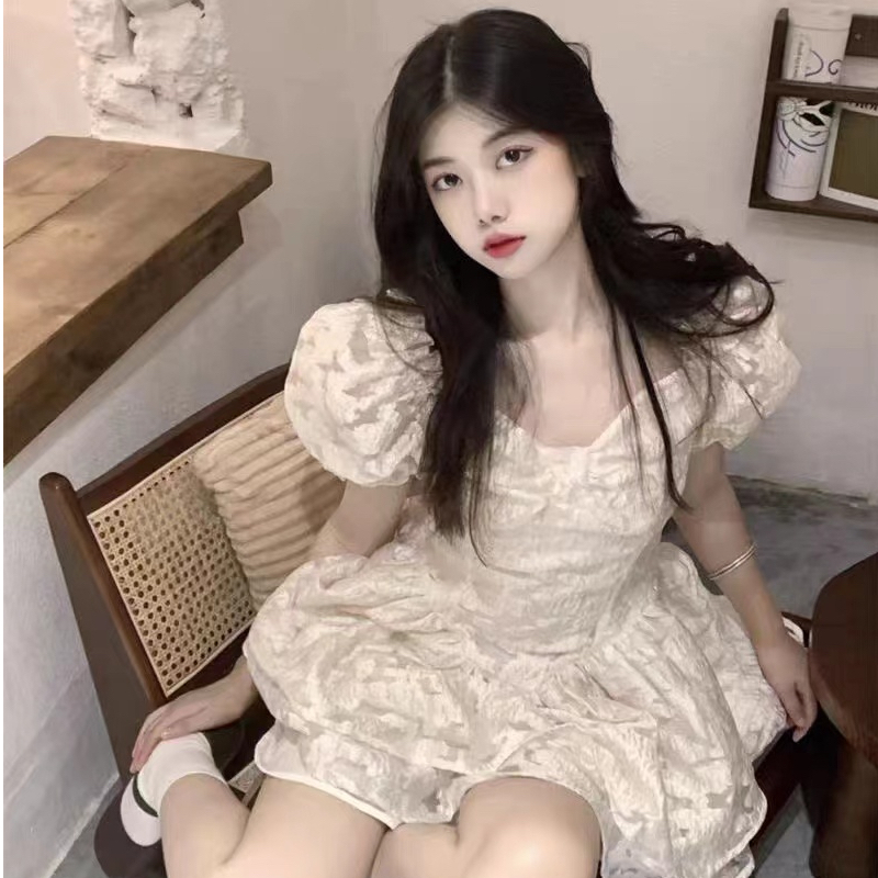 原版質量 心中的白月光連衣裙夏季提花泡泡袖公主裙蓬蓬裙女