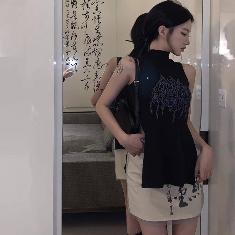 新中式套裝復古印花開叉背心女裝春夏季設計感國風上衣