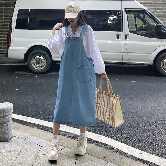 春秋新款女裝韓版減齡chic復古百搭牛仔背帶裙中長款女學生