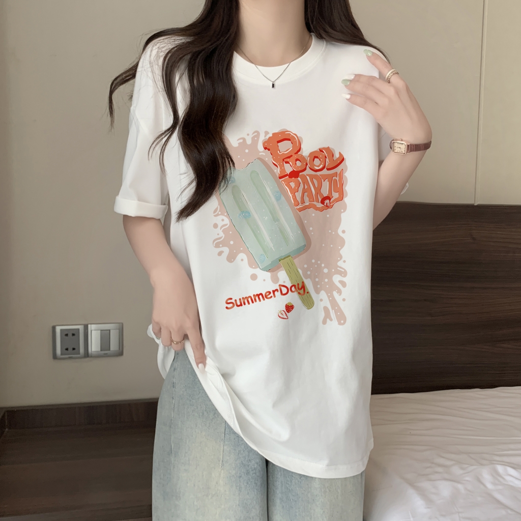 實拍 100%棉精梳純棉 印花夏裝短袖T恤女寬鬆韓版