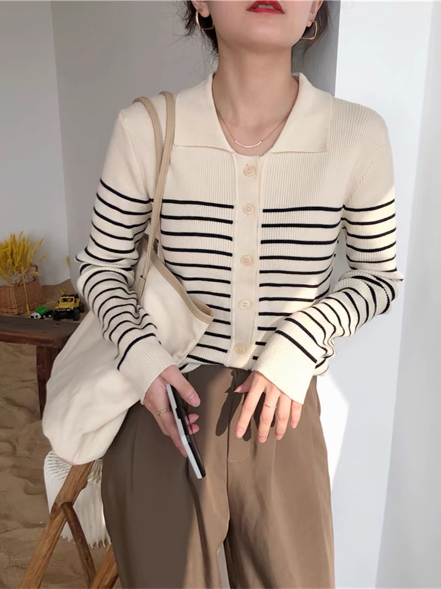 French retro striped knitted cardigan for women 2024 autumn new polo collar gentle temperament layered jacket top