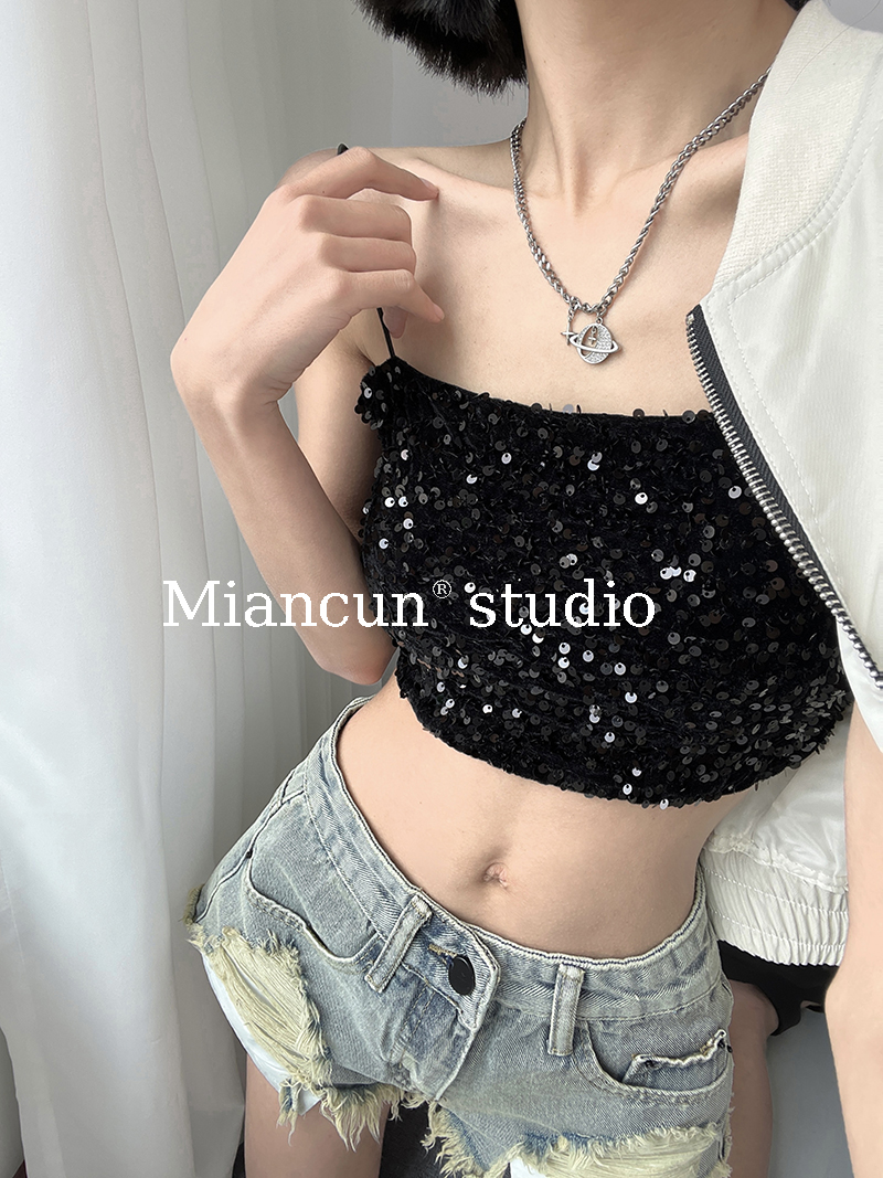 純欲性感閃閃亮片小吊帶背心女內搭夏新款甜辣短款顯瘦無袖上衣