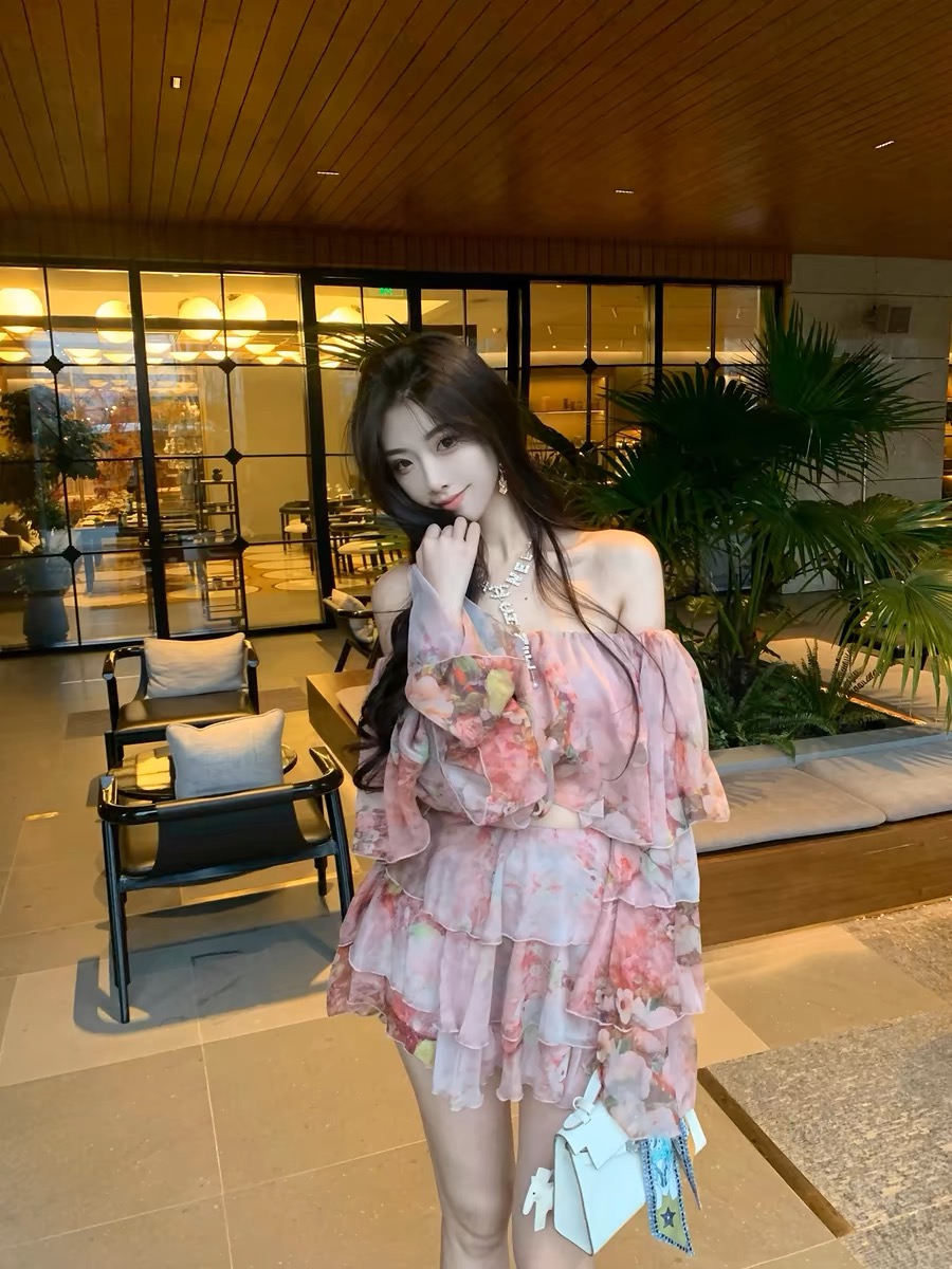 J11 Studio/乾枯玫瑰 一字肩慵懶印花襯衫荷葉邊裙擺半裙連衣裙女