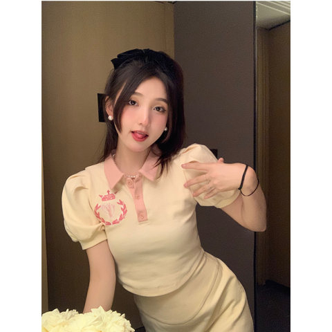 夏季女泡泡袖刺繡翻領露臍短袖t恤上衣設計感學生修身紐扣小衫in