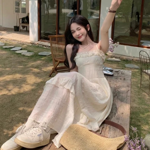 超仙初戀裙木耳邊垂感高腰顯瘦甜美法式收腰顯瘦感超仙長裙