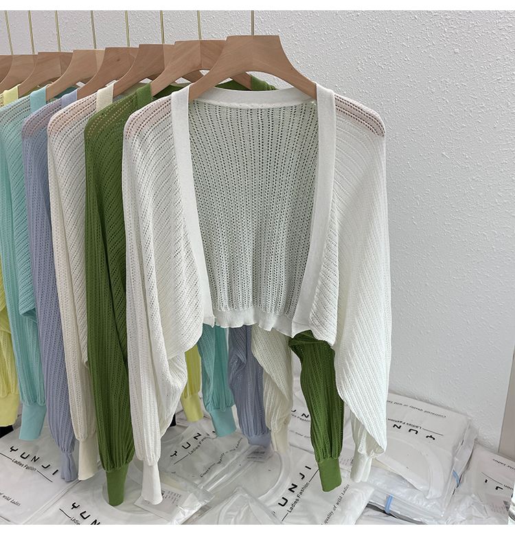 Knitted cardigan small coat for women autumn thin loose outer air-conditioning sun protection blouse waistcoat lantern sleeve short top