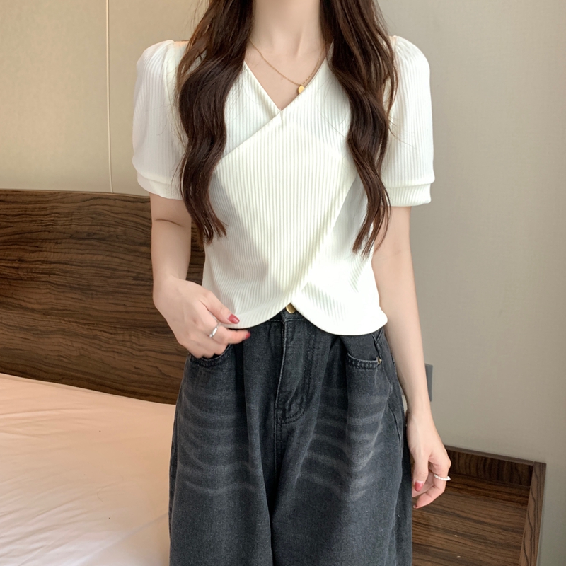 實拍高級感交叉不規則襯衫女設計感小眾2024春季新款顯瘦短袖上衣