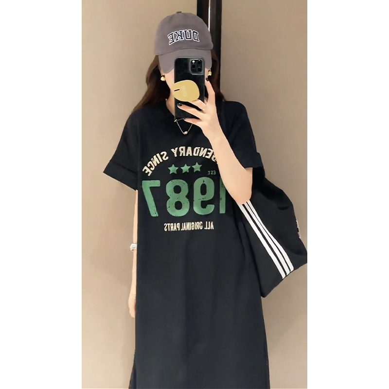 休閒連衣裙女夏季新款洋氣時尚寬鬆遮肉顯瘦短袖T恤長裙