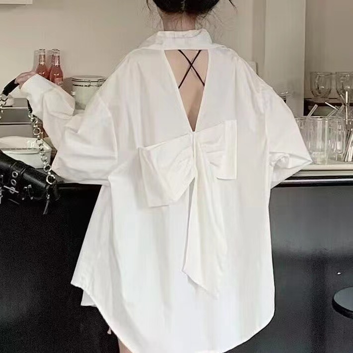 露背蝴蝶結襯衫2024秋設計感大蝴蝶結甜美氣質休閒襯衫女