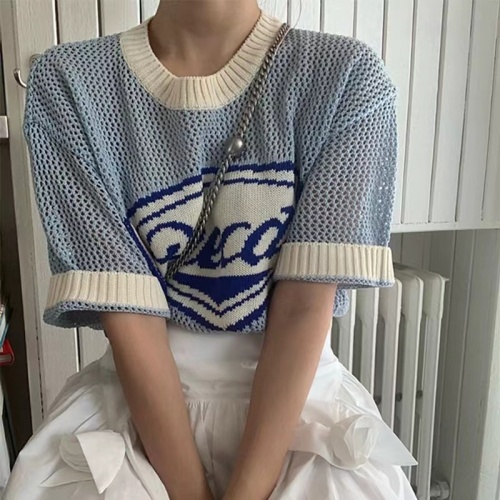 韩国ins博主fever同款AECA宽松蓝色镂空针织衫短袖上衣T恤女夏季