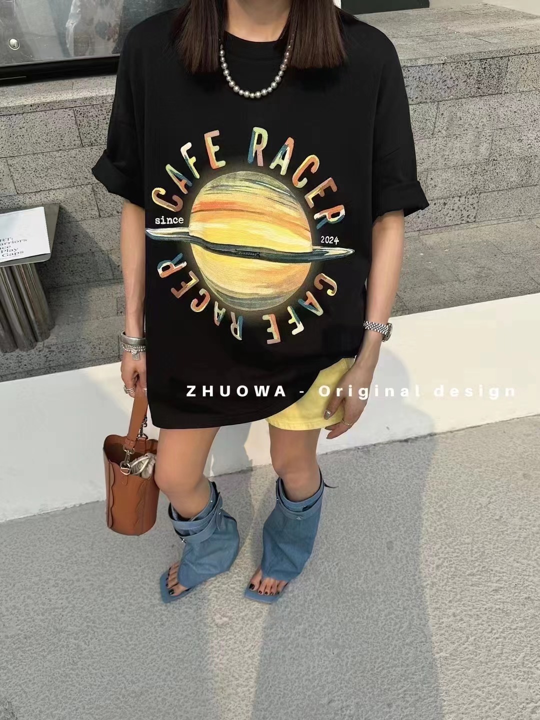 24春夏韓版新款寬鬆星球彩色字母圓領中長款短袖T恤女慵懶風上衣