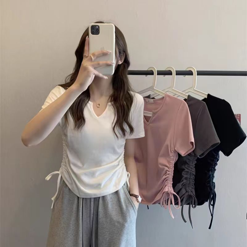 羅紋白色v領t恤女正肩短袖夏季2024年新款設計感小眾顯瘦短款上衣