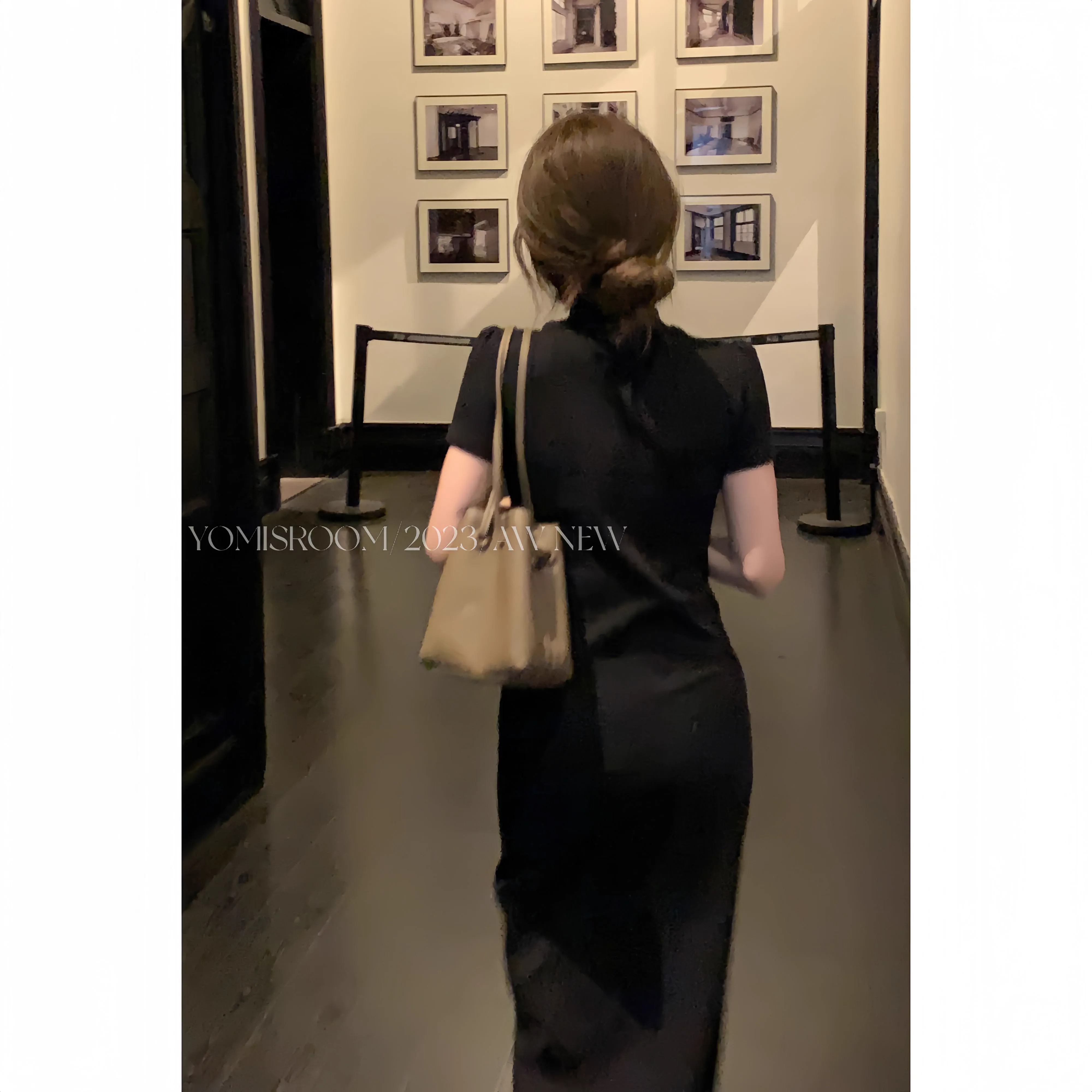 喲米YOMI海德日記早春新中式黑色連衣裙女小個子圓領氣質長裙