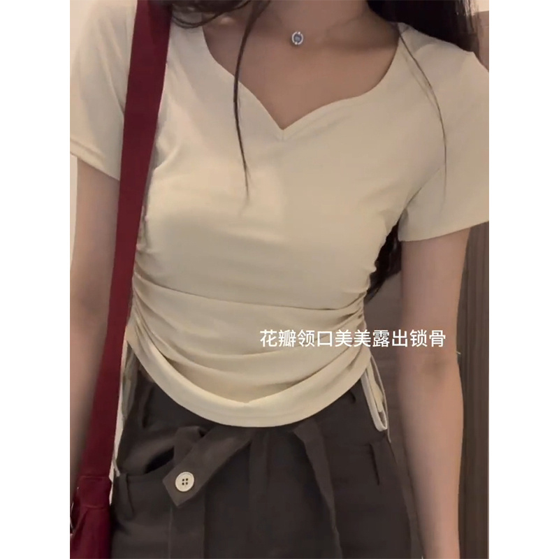 法式褶皺抽繩正肩短袖t恤女夏季V領顯瘦短款上衣女