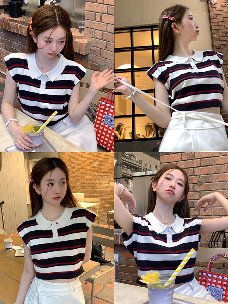 Summer Speech | Contrast color polo collar striped T-shirt women's summer short loose sleeveless knitted vest for outer wear