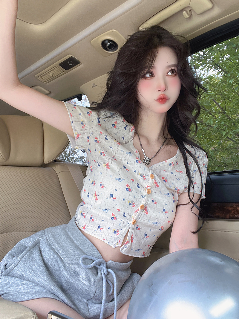 實拍 小碎花多色甜美開衫上衣修身顯瘦純欲風短袖T恤女夏季