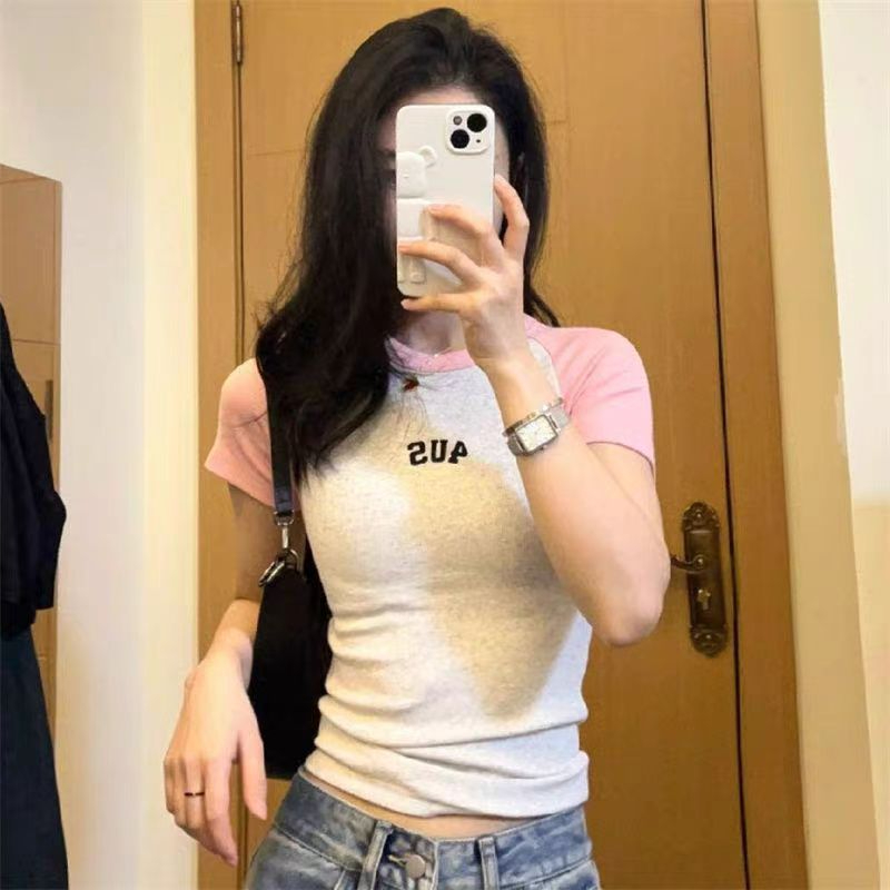 260隨心裁 夏季新款辣妹字母撞色拼接修身短款上衣