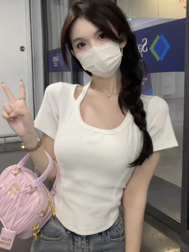 螺紋不規則純欲修身U領鎖骨t恤小眾魚骨辣妹性感白色短袖女上衣夏